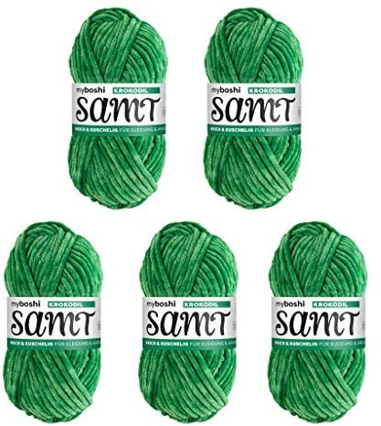 myboshi Samt Wolle zum Häkeln und Stricken, weiche Chenille Wolle im XXL-Knäuel, perfekt für Amigurumi und Kissen, 100% flauschige Polyester, 100g, Ll 100m Grün (Krokodil), 5 Knäuel