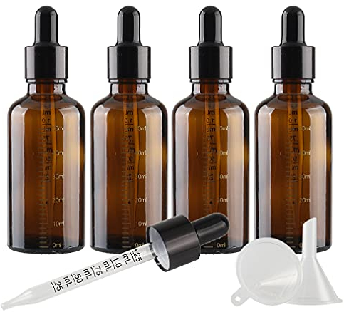 TIANZD 4 Pièces 50ml Flacons en Verre Marron avec Pipettes Graduées, 50 ml Bouteilles Échelle Compte-gouttes en Verre Vides Pour Mesure Les Huiles Essentielles Aromathérapie