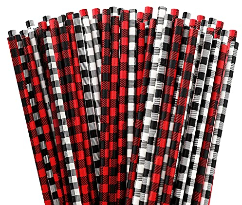 Whaline Papierstrohhalme für Weihnachten, weiß, rot, schwarz, Büffelkariert, Trinkhalme, Urlaub, Einweg-Trinkhalme für Getränke, Weihnachten, Winter, Neujahr, Hochzeit, Partyzubehör, 100 Stück