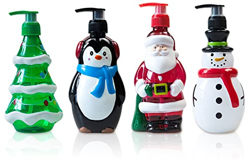 DRHLWZN Dekoratives Weihnachtsmotiv, Seifenspender, Shampoo-Spender, Lotion-Behälter, Weihnachtsmann, Schneemann, Weihnachtsbaum, Pinguin-Pumpflasche, 28 ml, 17,8 cm hoch, 4 Stück