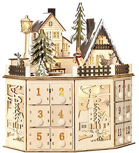 HOMCOM Weihnachts-Adventskalender 24 Zugkästen Naturholz 25 x 20 x 29 cm | Weihnachtskalender, LED-Lichtern, Adventskalenderbox, Sperrholz-Platte