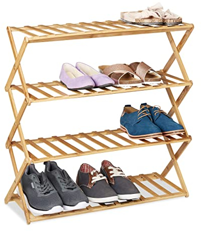 Relaxdays Étagère à Chaussures Pliable, 4 étages, 12 Paires, Maison et Camping, Support Bambou, HLP 68x67x26 cm, Nature