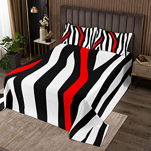 Zebra Haut Streifen Tagesdecke Steppdecke,Wave Lines Print Bettdecke für das ganze Saison Schlafzimmer,Schwarz Rot Weiß Geometrisch 240×220 cm Bettdecke Set mit 2 Kissenbezug für Jungen Mädchen