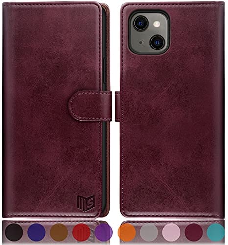 SUANPOT [RFID Schutz für iPhone 13 5G 6,1-Zoll Hülle PU Leder Handyhülle Lederhülle Klapphülle Kartenfach Flip Cover für Apple 13 Handy hülle Leather Wallet Phone Case Rotwein