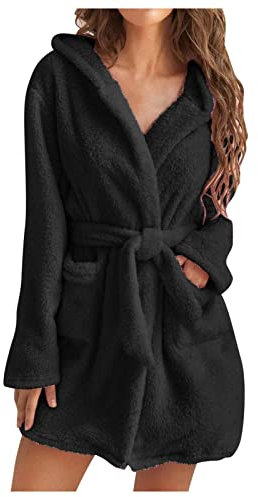 riou Vestaglie Corta Donna Invernale Pile Elegante，Camicia da Notte con Cintura Sexy Vestaglia Manica Lunga in Peluche Pigiama con Cappuccio Caldo per Palestra, Doccia, Spa, Hotel, Vacanze