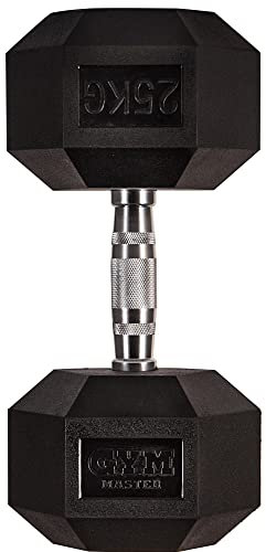 GYM MASTER Hex Dumbbells - Rubber Encased Cast Iron Hand Weights and Optional 3 Tier Rack - Single 25KG