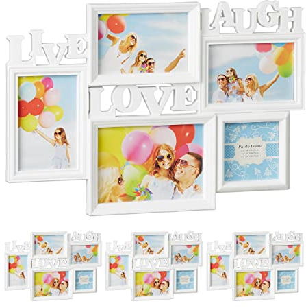 Relaxdays 4 x Bilderrahmen Live Love Laugh, für 5 Bilder verschiedener Größen, 3D Collage mehrere Fotos, HxB: 31x45,5 cm, weiß