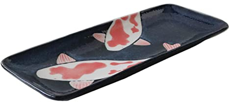 Piatto da sushi giapponese Mino-yaki in ceramica, rettangolare, 29,5 cm, carpe rosse su ceramica nera, prodotto in Giappone