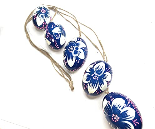 Fensterdeko 5 hölzerne Eier zum Aufhängen/Handbemalt/Osterdeko (Blau)