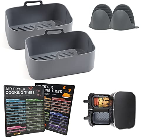 CUTIECLUB Silicone Pot for Ninja Foodi AF300UK, AF400UK & 7.6L-9.5L or Larger Dual Air Fryer, Food Safe Reusable Air Fryer Liner Basket Rectangle Bowl Accessories with Finger Holder Set Grey