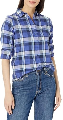 Amazon Essentials Damen Flanellhemd, Normale Passform, langärmelig, leicht, kariert, Blaugrau Marineblau Plaid, Medium