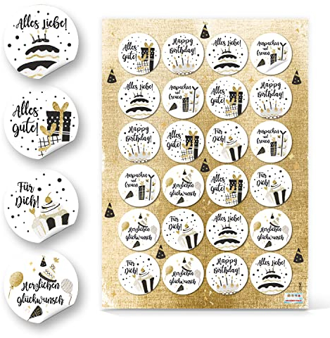 Aufkleber Glückwünsche, 24 Stück: Geschenkaufkleber, Geburtstagsaufkleber mit Sprüchen, Sticker Geburtstag, Für Geschenke, Happy Birthday, Alles Gute, Zum Aufkleben, Erwachsene & Kinder, Klein, ⌀ 4 cm