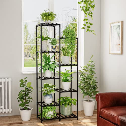 Bamworld Étagère haute d'angle pour plantes, pour extérieur, intérieur, salon, balcon et jardin, noir (9 pots rectangulaires)