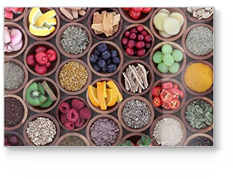 DEQORI Schneidebrett aus Glas | groß 30x20 cm | Motiv Superfood-Ensemble | Design Schneideplatte für Küche | Frühstücksbrett antibakteriell & rutschfest | Glasplatte & Servierplatte