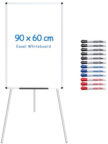 VIZ-PRO Light Melamine Tripod Whiteboard, Flipchart Easel 90 x 60 cm, with 12-Count Low-Odor Whiteboard Pens