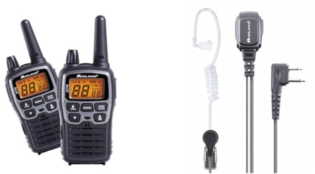 Midland XT70 Funkgerät, Dualband Walkie Talkie, professionelles Funkgerät mit 69 LPD und 24 PMR446 Kanälen & MA 31-L Pro Security Headset, C1497, mit Vox/PTT Umschaltung und 90 Grad Stecker (L-Type)