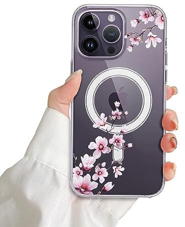 DiyGody Flowers Magnetic Case for iPhone 14 Pro Max 6.7”Compatible for MagSafe Cherry Blossoms Design Wireless Charging Clear Soft TPU Shockproof Protective Cover Match with iPhone 14 Pro Max
