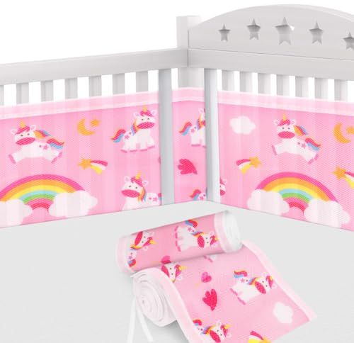 Aolso Tours de Lit Bébé,Contour de Lit pour Bébé avec 4 côtés Anti-Collision, Tour de Lit Respirant Doublure en Maille 3D Anti-Flux d'air,pour Nouveau-nés,Garçons et Filles (Licorne-Rose)