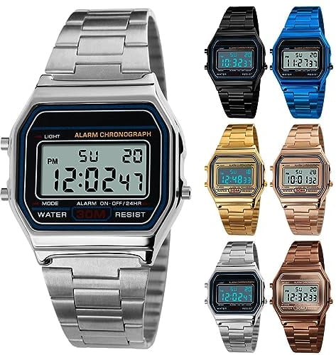 Yuehuamech Herren- Digital- Quarz- Uhr, Luxus- Business- Armbanduhr 30M Elektronischer Chronograph wasserdichte Digitaluhr Sportuhr mit Edelstahlarmband LED- Hintergrundbeleuchtung