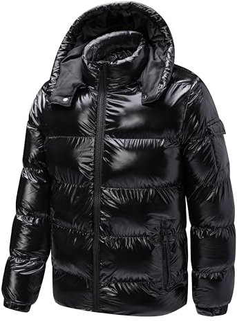 TONY BACKER Giubbotto Giacca Corto Piumino Pesante Invernale Lucido Uomo Antivento Impermeabile con Cappuccio staccabile con zip (M, NERA)