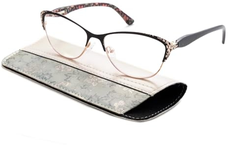 OKH Cateye Lesebrille für Frauen mit Frühlingsscharnier, Qualitäts Vintage Blue Light Blocking Blumen/Blumenmuster Design Katzenauge Leser Brille mit Beutel(Schwarz +2.0)