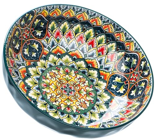 Large Serving Bowls, 75 Oz Fruit Salad Bowls, Bohemian Style Large Porcelain Dishes for Entertaining Parties,Big Bowls for Eating Soup, Salad, Pasta, Fruit, Chips, 10.3 Inch Diameter (green)