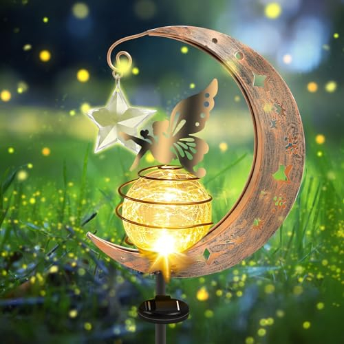 Lampe Solaire Lune pour Jardin et Extérieur - En Métal avec Boule en Verre - LED Étanche avec Piquet de Terre