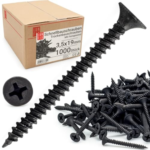 Vis placo 3,5 x 19 mm noires 1000 pièces – vis autoforeuse métal filetage fin vis construction plaques de plâtre vissage rapide plaque rigide cloison sèche mur intérieur charpente Lun Fix