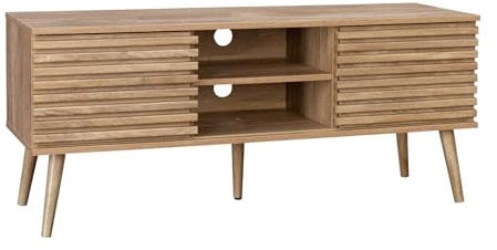 sweeek - Meuble TV scandinave avec 2 Portes décor Bois rainuré et 1 Niche Centrale avec étagère L120cm