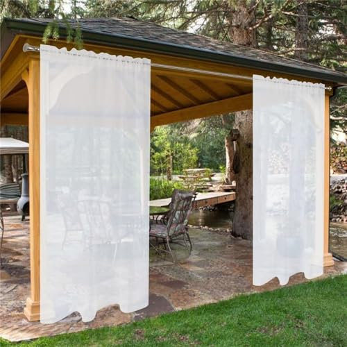 LINGKY Outdoor Sheer Curtains Waterproof, Gazebo Pergola Curtains, 2 Panels Linen Look Rod Pocket Indoor Voile Curtain for Living Room, Bedroom, Patio, Porch, Cabana (2 Panels-52 Wx96 L,White)