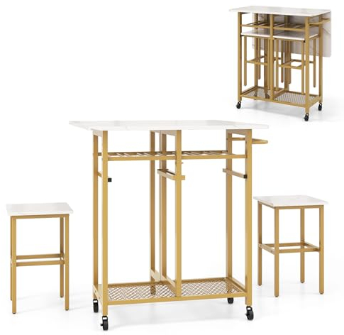 COSTWAY 3 Piece Dining Table Set, Extendable Kitchen Table with 2 Stools, 6-Bottle Wine Rack, Shelves, Side Pushing Handle & 5 Wheels, Folding Breakfast Bar Table Set for Small Space (White + Golden)
