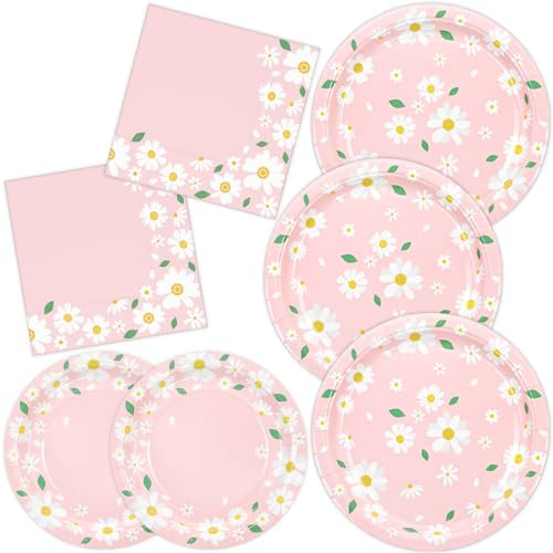 DYLIVeS Pink Daisy Party Supplies Set, Daisy Flower Paper Dinner Plates Daisy Dessert Plates, Luncheon Napkins for Girls Birthday Baby Shower Weddings Daisy Birthday Party Decorations Summer, Serve 50