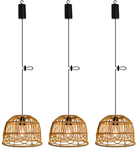 3x Boho Rattan Hängeleuchte Akku Vintage Lampe Batteriebetriebe Hängelampe Fernbedienung Glühbirne Deckenleuchte ohne Strom Außen Laternen Lampions IP65 für Garten Balkon Weihnachten Deko Geschenk