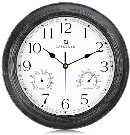 Lafocuse 30cm Reloj de Pared Exteriores Impermeable con Termómetro e Higrómetro, Vintage Reloj Negro Rustico Retro, Silencioso Clasico Decoracion para Exterior, Jardín, Balcón, Piscina, Baño, Cocina