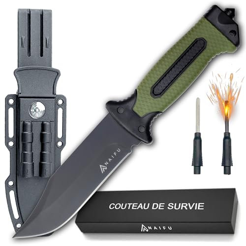 naifu® - The Hunter V Coltello Sopravvivenza Lama Fissa in acciaio inossidabile (3CR13) lama da 12,5 cm Coltello Bushcraft con accendino integrato e affilatore per coltelli coltello da caccia (Verde)