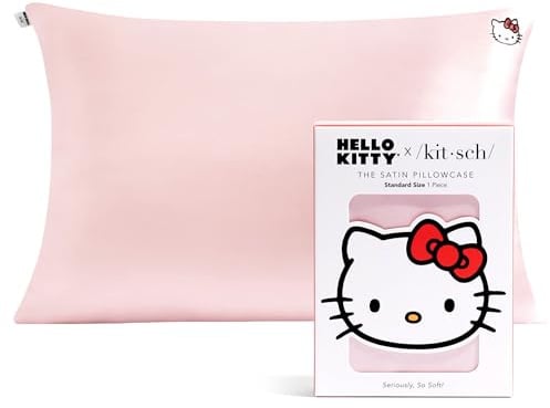 Hello Kitty x Kitsch Satin Pillowcase with Zipper Closure for Hair and Skin, Softer Than Silk Pillow Cases Queen 1 Pack, Smooth Cooling Pillow Covers Standard Size 19x26 Inches, Solid Pink Kitty Face