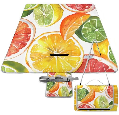 SEEKJOYS Sommer-Zitronenfrucht-Picknickdecke, Bodenmatte mit Tragegurt, faltbar und tragbar, 3-lagig, wasserdicht, sanddicht, Stranddecke für Outdoor, Camping, Reisen, Gras, Rasen, Park, Musikfestival