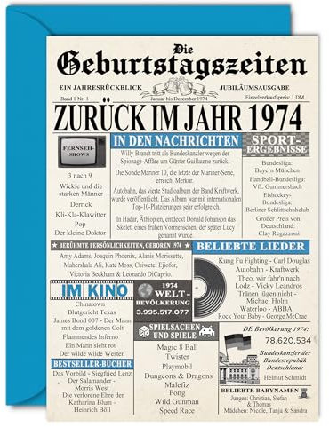 Stuff4 51. Geburtstagskarten für Männer Frauen - Zurück im Jahr 1974 Zeitung - 51 Alles Gute zum Geburtstag Jahrestag Hochzeitstag Karte Vintage Jahrgang Geboren 1974 A5 Glückwunschkarten