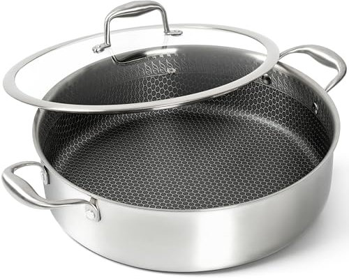 MICHELANGELO Sauteuse en acier inoxydable à trois couches de 6 litres, poêle profonde avec couvercle, grande sauteuse 18/10 avec intérieur en nid d'abeille antiadhésif, compatible avec induction et