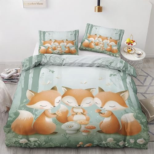 ZyxMehtic Housse de Couette Renard Forêt 220x240cm 2 Personnes, Parure de Lit Animaux avec 2 Taie d'oreiller 65x65 cm, Housse Couette Microfibre avec Fermeture Éclair