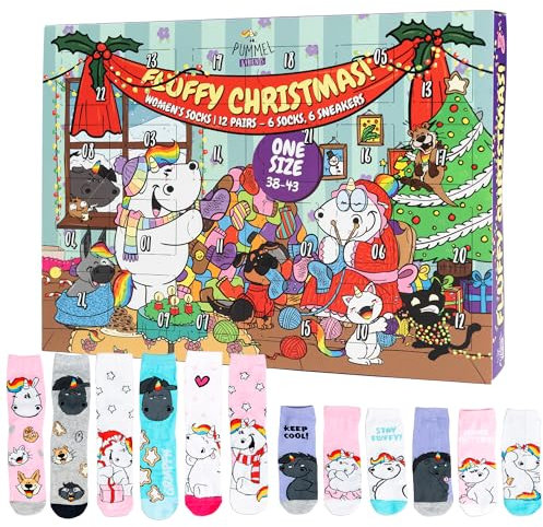Pummel & Friends Pummeleinhorn Adventskalender mit 12 Paar Socken Größe 38-43 für Damen Weihnachtskalender mit Sneakers und langen Socken