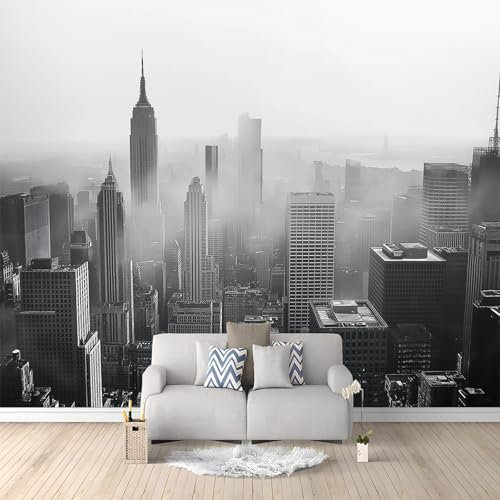 Horizon De New York Bâtiments Noirs Et Blancs Papier Peint Panoramique Gris Intissé Murale, Photo Murale pour Salon Chambre d'enfants restaurant Décoration Murale 200x140 cm