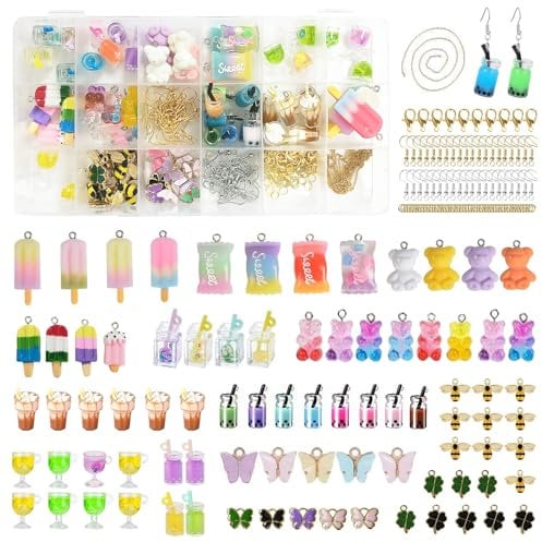 Chingcoo Charms Anhänger Set, 245 Stück selber machen Schmuckanhänger Resin Bubble Tea, Schmetterling, Bär Basteln mit Aufbewahrungsbox für Ohrringe Armband Halskette Schlüsselanhänger DIY Geschenk