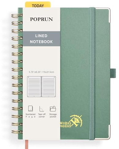 POPRUN Notizbuch A5 Liniert, Horizontal Line Journal, Spiral-Notizbücher 120 GSM Papier, 141 nummerierte Seiten, Hardcover mit Kleberegisterkarten und 8 Abreißblättern - MGN(Mitternachtsgrün)