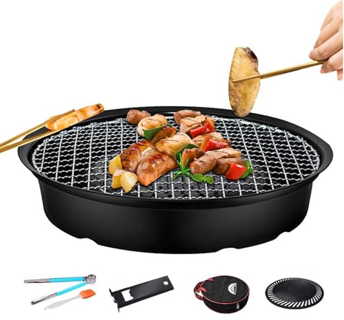 Padella per griglia, padella per griglia sul piano cottura,Griglia rotonda per piano cottura, piastra per barbecue antiaderente - Borsa portaoggetti portatile, per griglia da fornello con pi