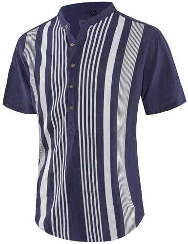 APTRO Mens Short Sleeve Linen Shirts Casual Cotton Shirts Summer Shirts Hawaiian Striped Grandad Henley Shirts Stripe Navy MHL58 XL
