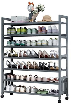 Bambus-Schuhregal mit Rollen, 7 Etagen, Schuhaufbewahrung, Organizer, Regale, stabiler Rahmen, Schuh-Organizer mit herausnehmbaren Schichten für Schrank, Flur, Eingangsbereich, Wohnzimmer, 80 cm