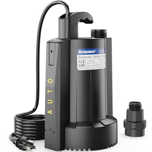 Acquaer Bomba de agua sumergible automática de 1/3 HP, bomba de sumidero de 115 V con adaptador de válvula de retención de manguera de jardín de 3/4 pulgadas, eliminación de agua de alto flujo 2160