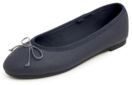 Feversole Women's Fashion Round Toe Ballet Flat Pumps Comfort Bow Tie Dolly Shoes Navy Texture Vegan Leather UK 5
