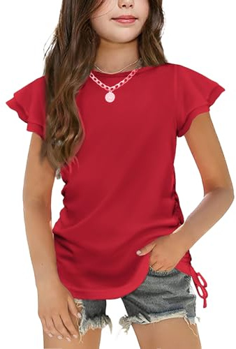 Arshiner Girls T-Shirt Ruffle Sleeve Kids Round Neck Summer Tops Casual | Children's Cotton Tee,Clothing with Drawstring,5-12 Years